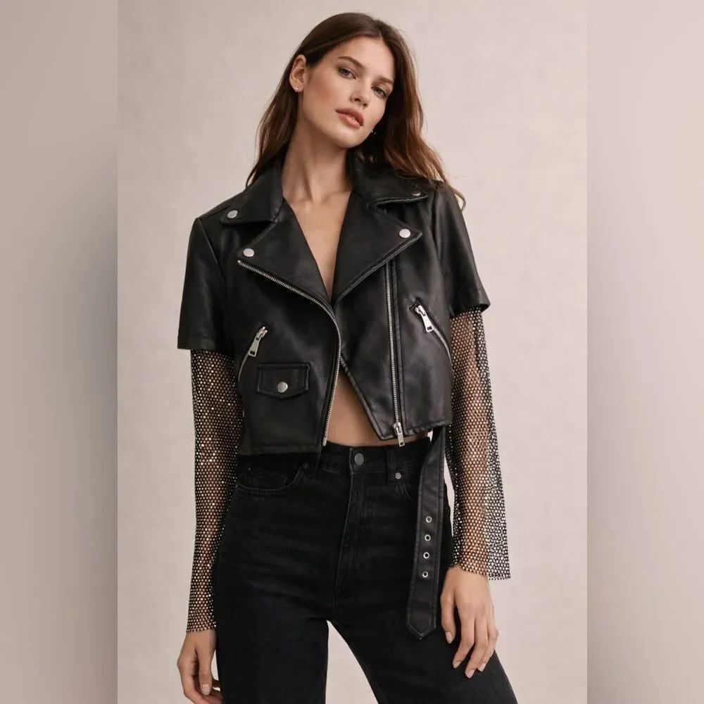 NWOT Azalea Wang Rhinestone Mesh Sleeve Moto Jacket Cropped Faux Leather